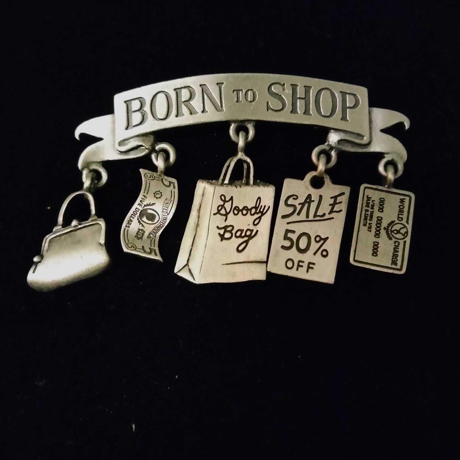Jonette Jewelry Born To Shop Vintage 80s Silver Toned Varied Charm Brooch Signed 149$